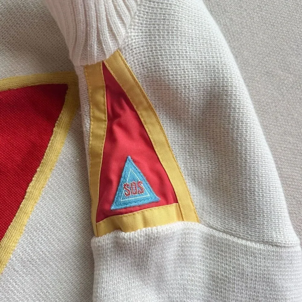 VTG Y2K Geometric White Wool Blend Sweater Sz S Pocket Denmark Made Ski Knit